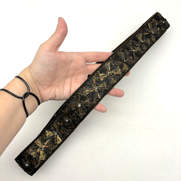 Vintage 00s Antik Batik Brown Genuine Leather Gold Sequins Rhinestone Belt 34\